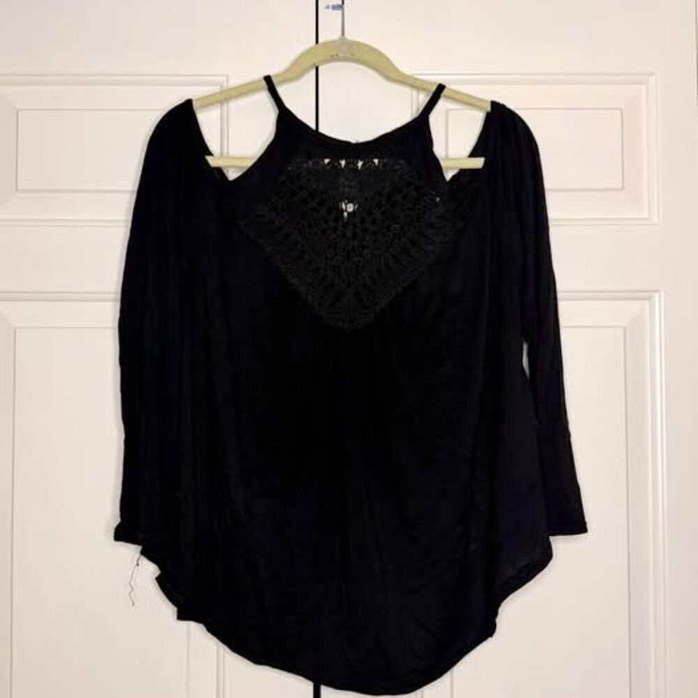 Black Cold Shoulder Crochet Lace Back Tunic Top Size XL